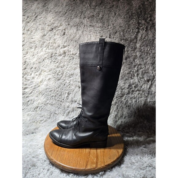 Sam Edelman Size 7.5M Perron Brogue Cap Toe Laced Zip Up Black Riding Boot - Picture 1 of 9